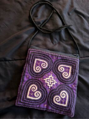 Purple Embroidered Heart Crossbody Bag - Ethnic Accent